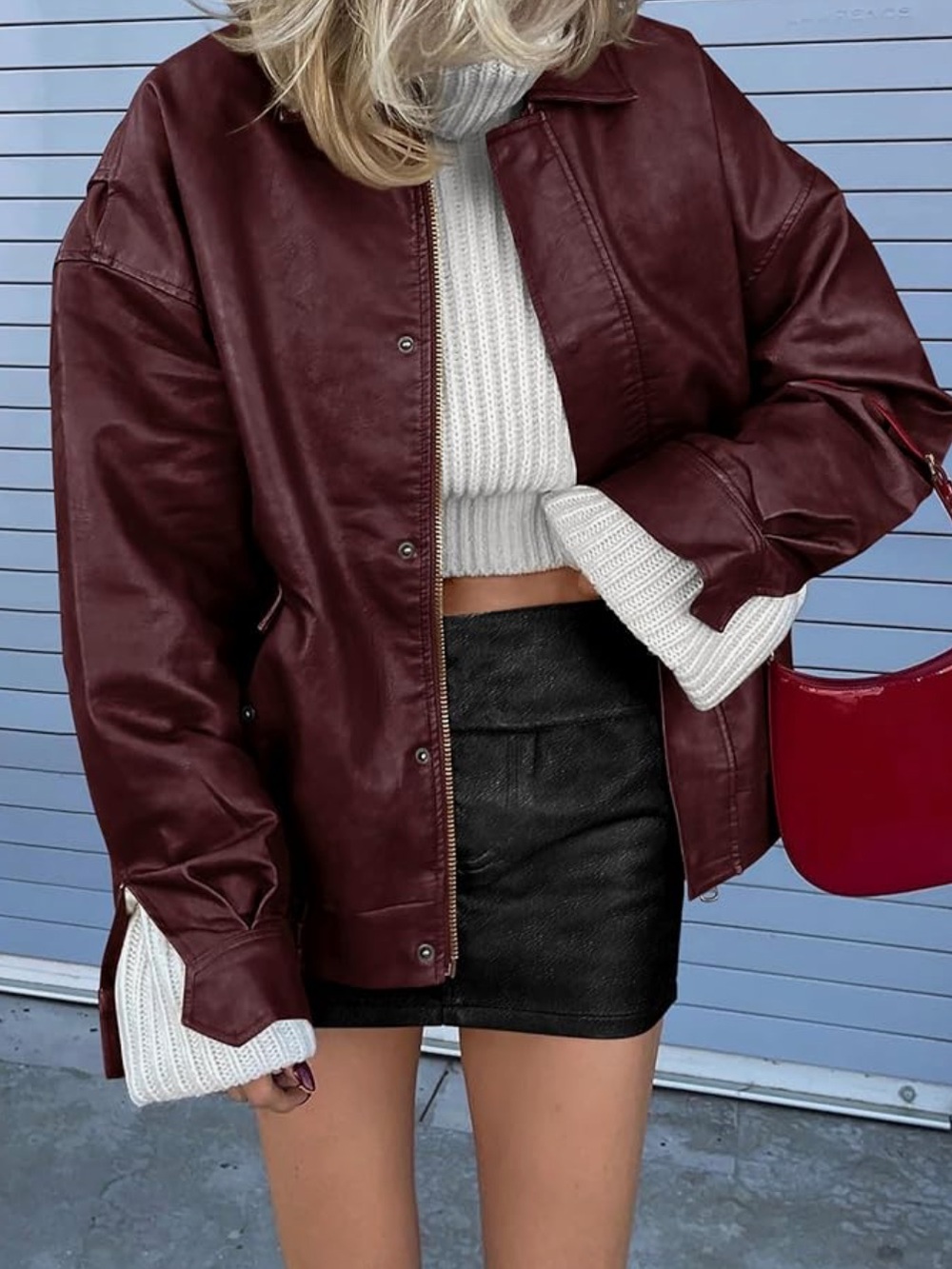 Burgundy Women’s Faux Leather Jacket - Stylish Oversized Coat